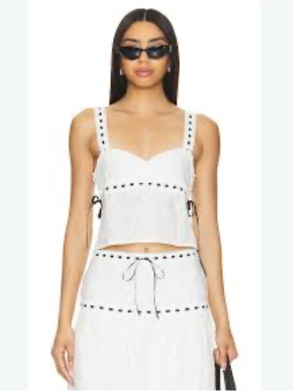 MAJORELLE White Eyelet Lace Cami with Black Ribbon Detail